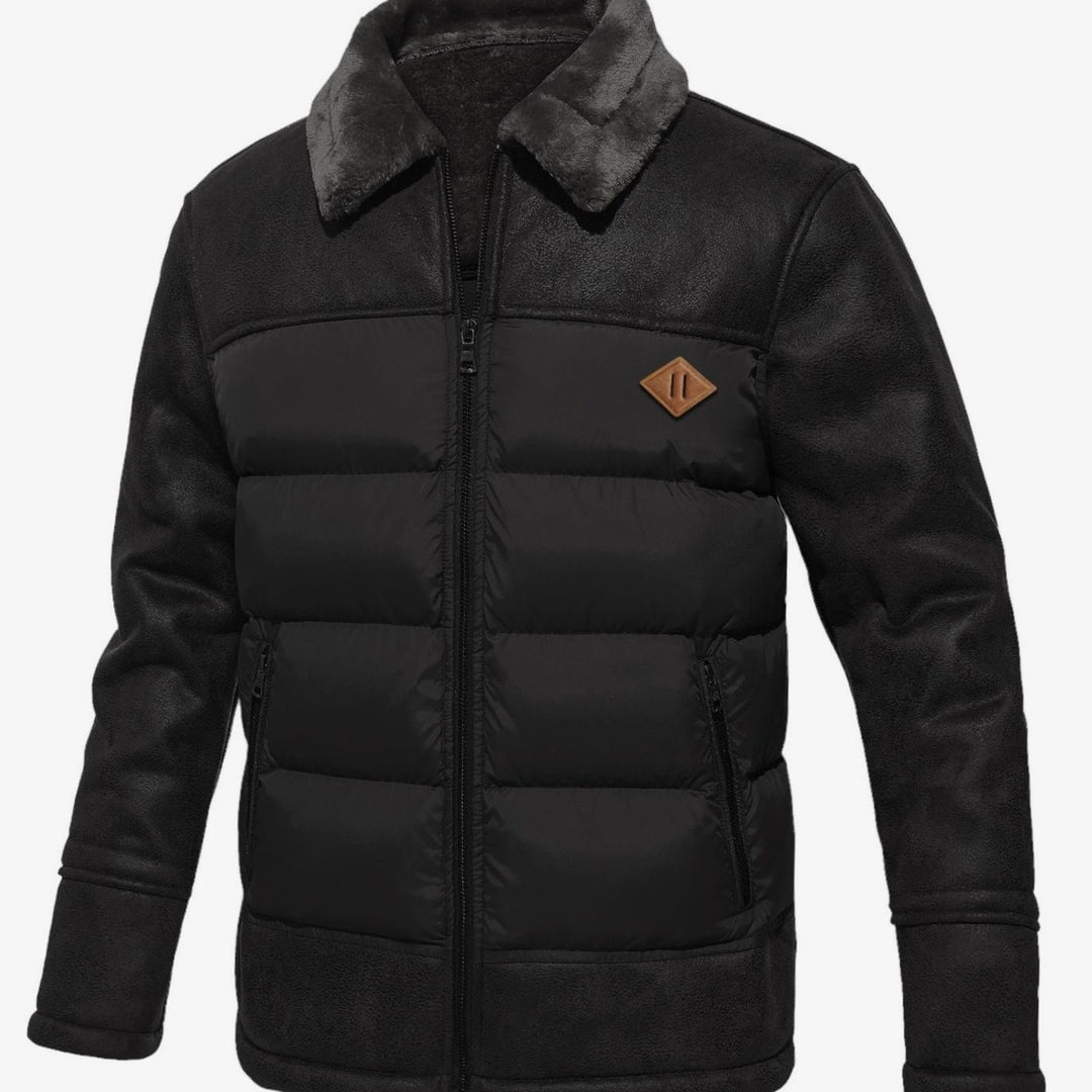 Men's Faux Leather Sherpa-Lined Quilted Puffer Jacket, Brown - Black