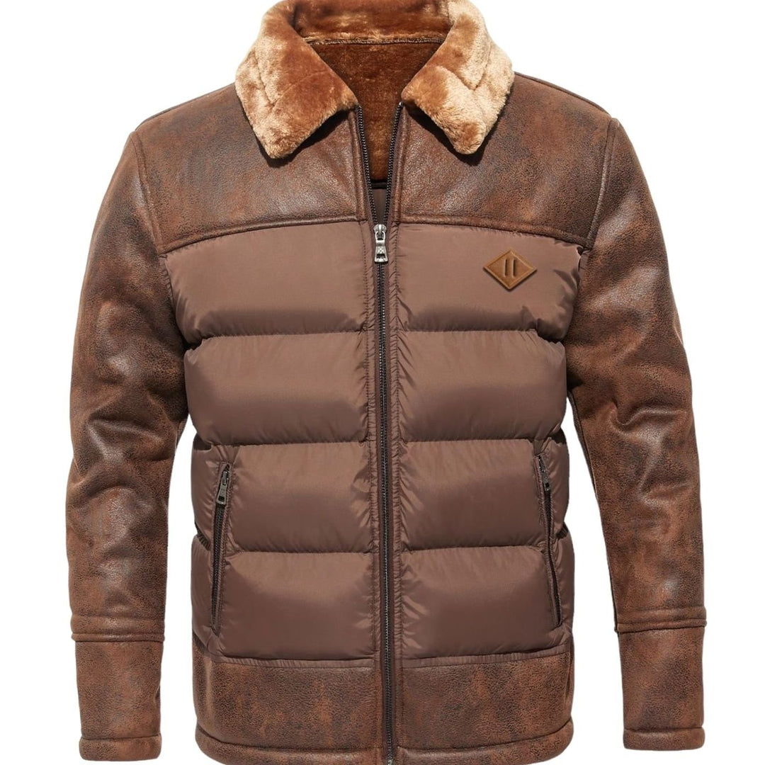 Men's Faux Leather Sherpa-Lined Quilted Puffer Jacket, Brown