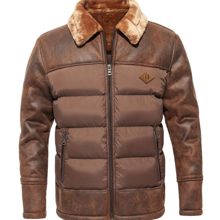 Men's Faux Leather Sherpa-Lined Quilted Puffer Jacket, Brown