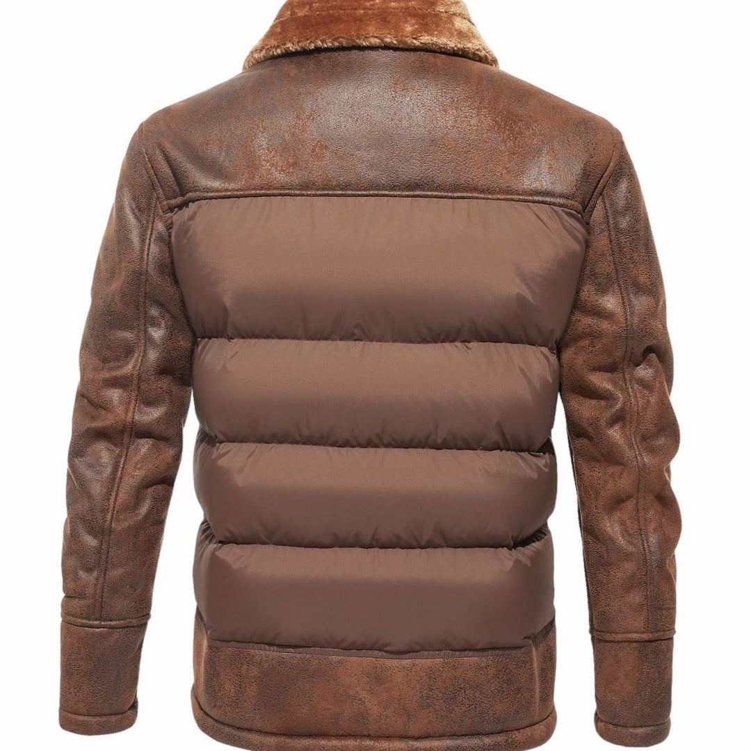 Men's Faux Leather Sherpa-Lined Quilted Puffer Jacket, Brown