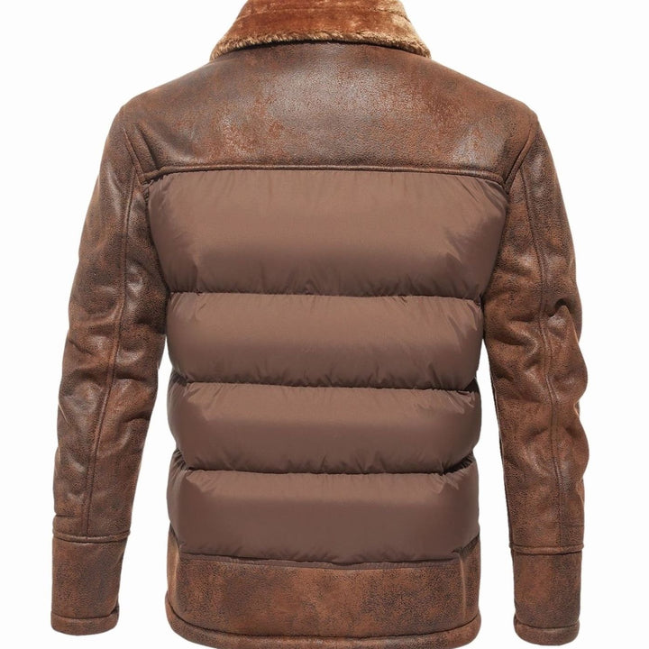 Men's Faux Leather Sherpa-Lined Quilted Puffer Jacket, Brown