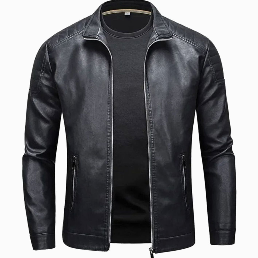 Men's Faux Leather Stand Collar Zip-Up Biker Jacket - Black