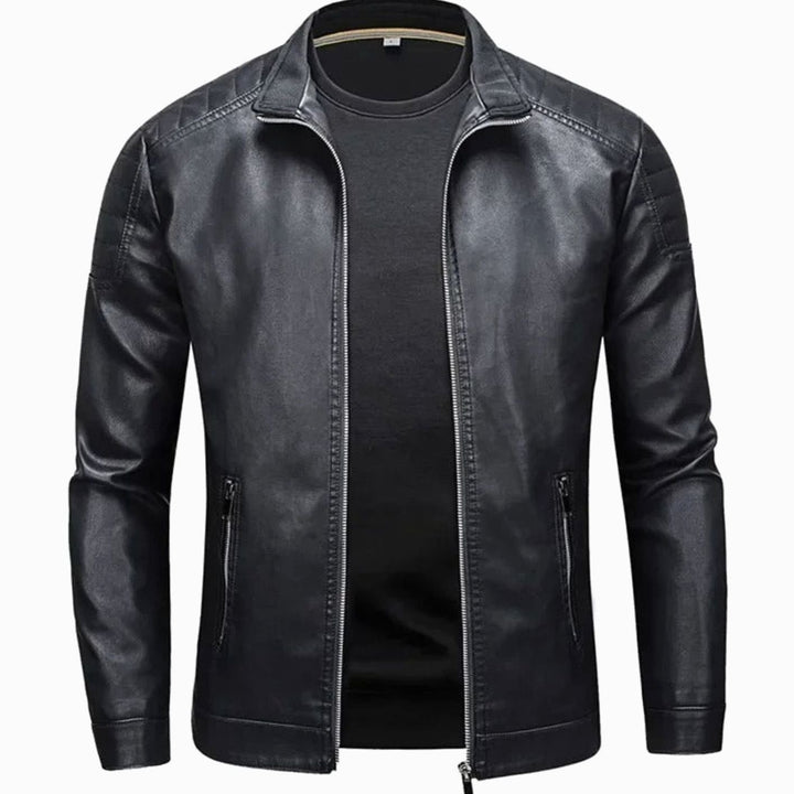 Men's Faux Leather Stand Collar Zip-Up Biker Jacket - Black