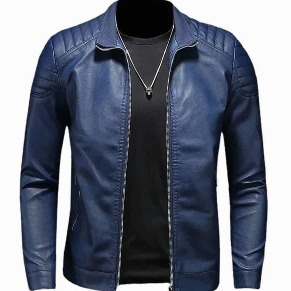 Men's Faux Leather Stand Collar Zip-Up Biker Jacket - Blue