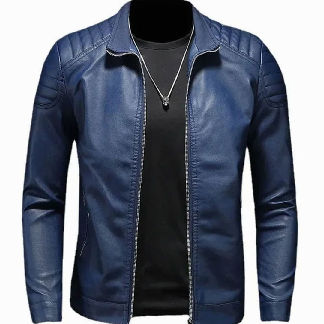Men's Faux Leather Stand Collar Zip-Up Biker Jacket - Blue
