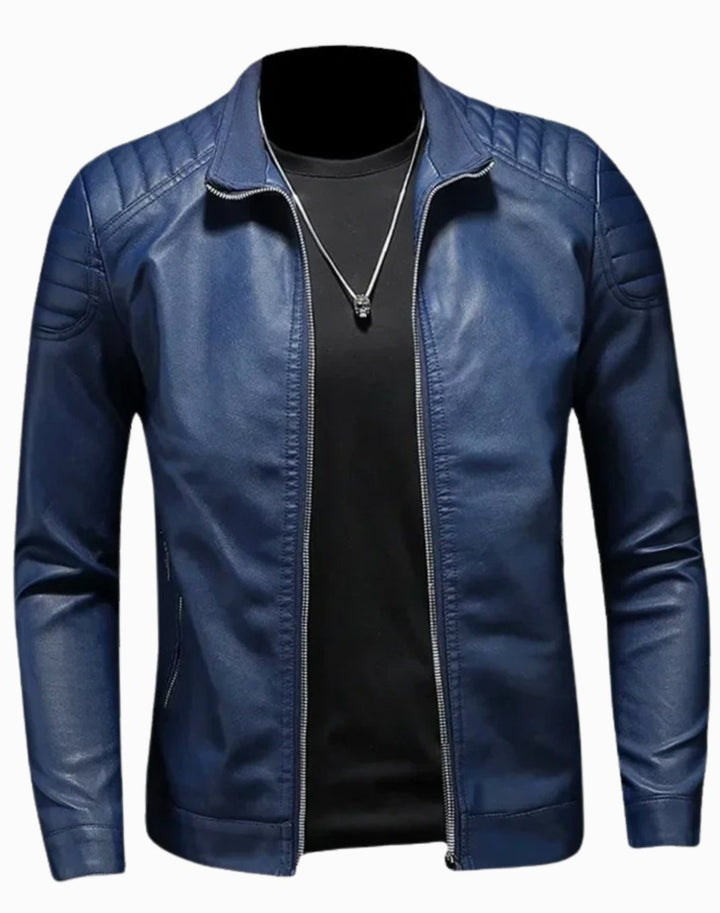 Men's Faux Leather Stand Collar Zip-Up Biker Jacket