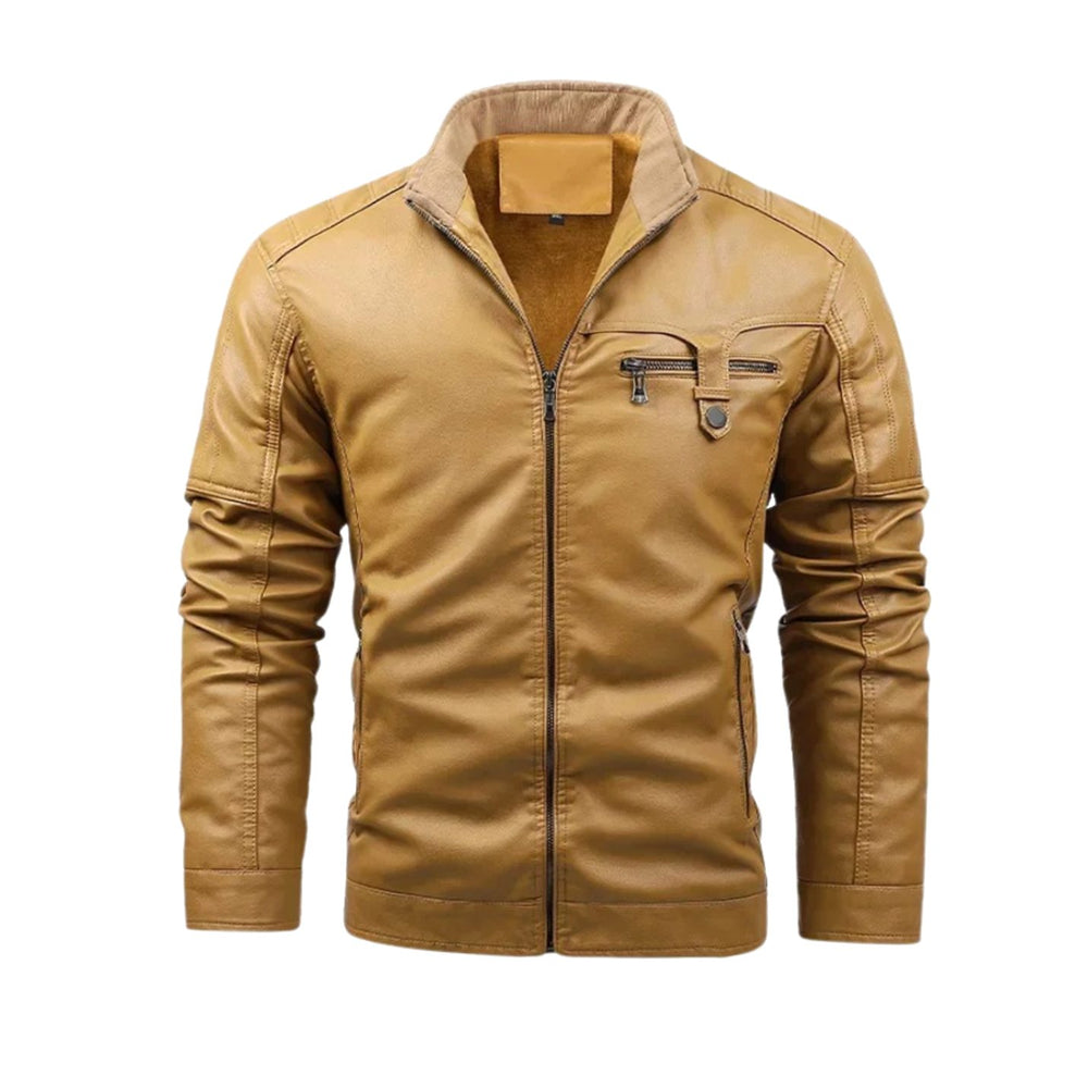 Men's Fleece-Lined Faux Leather Flight Bomber Jacket - Khaki