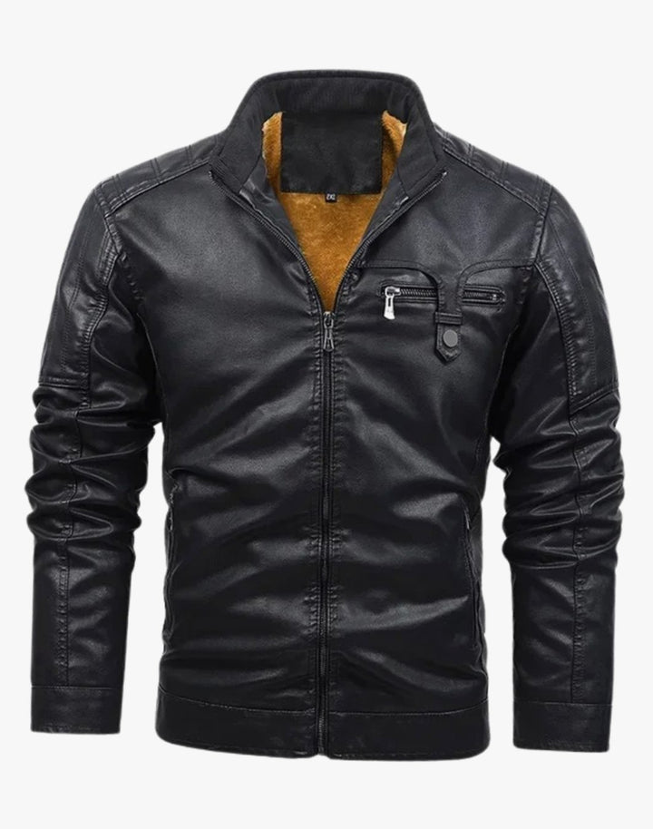 Men's Fleece-Lined Faux Leather Flight Bomber Jacket - Black
