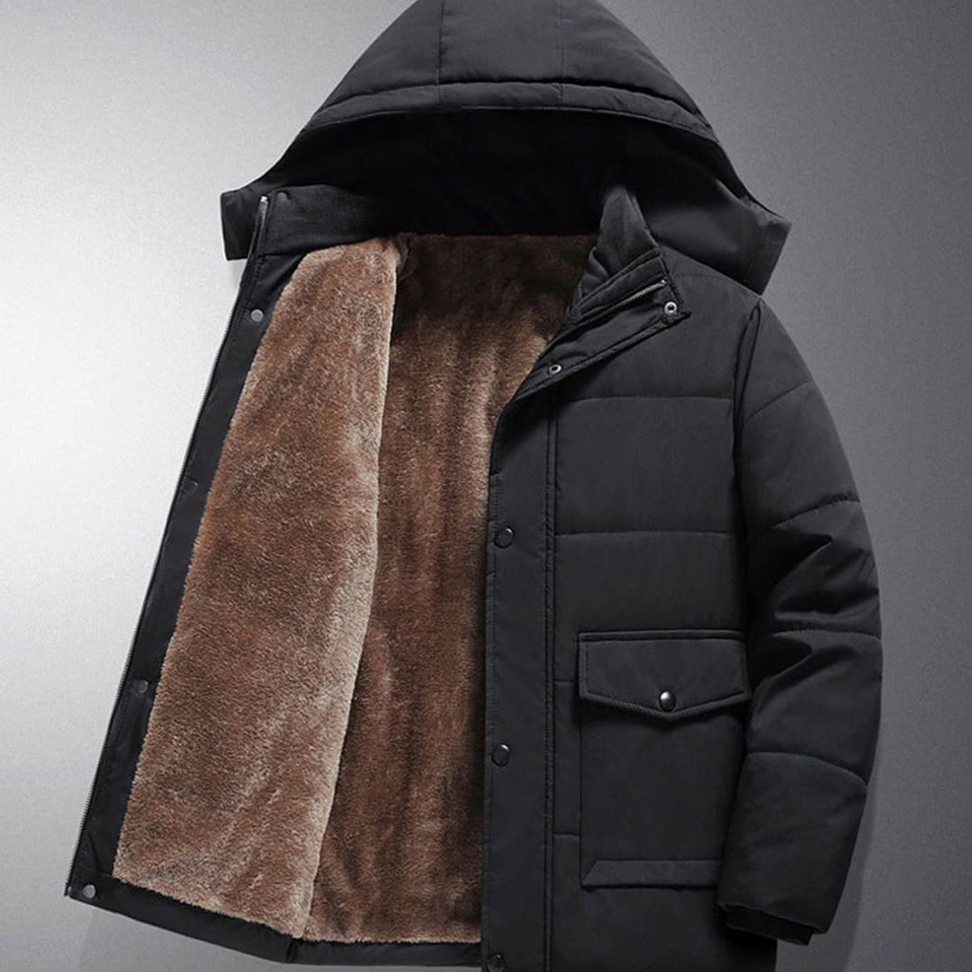Men's Fleece-Lined Hooded Quilted Puffer Jacket - Black