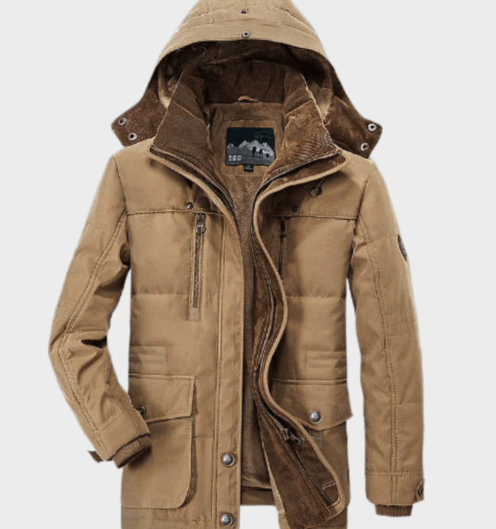 Men's Fleece-Lined Hooded Winter Parka Jacket Deep Pockets - Khaki