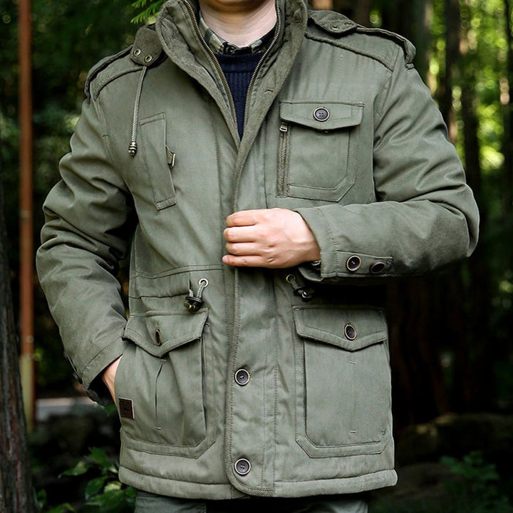 Men's Hooded Multi-Pocket Water-Resistant Lined Parka - Olive Green