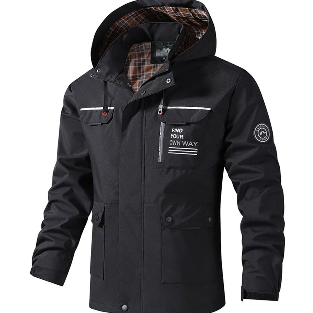 Men's Hooded Water-Resistant Outdoor Jacket Multi-Pocket - Black