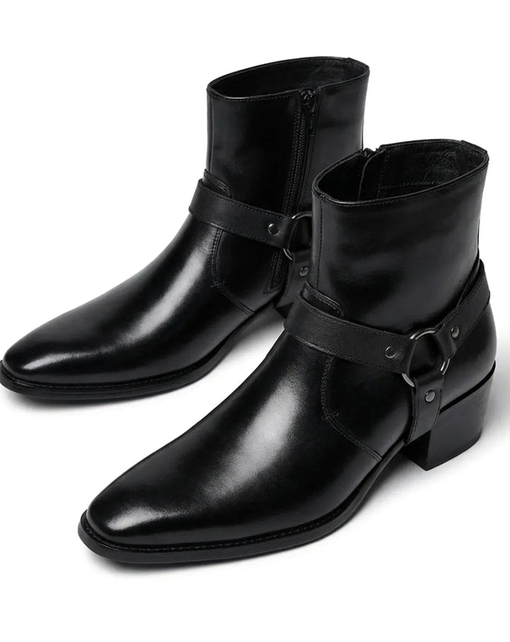 Men's Leather Harness-Strap Pointed-Toe Ankle Boots - Black