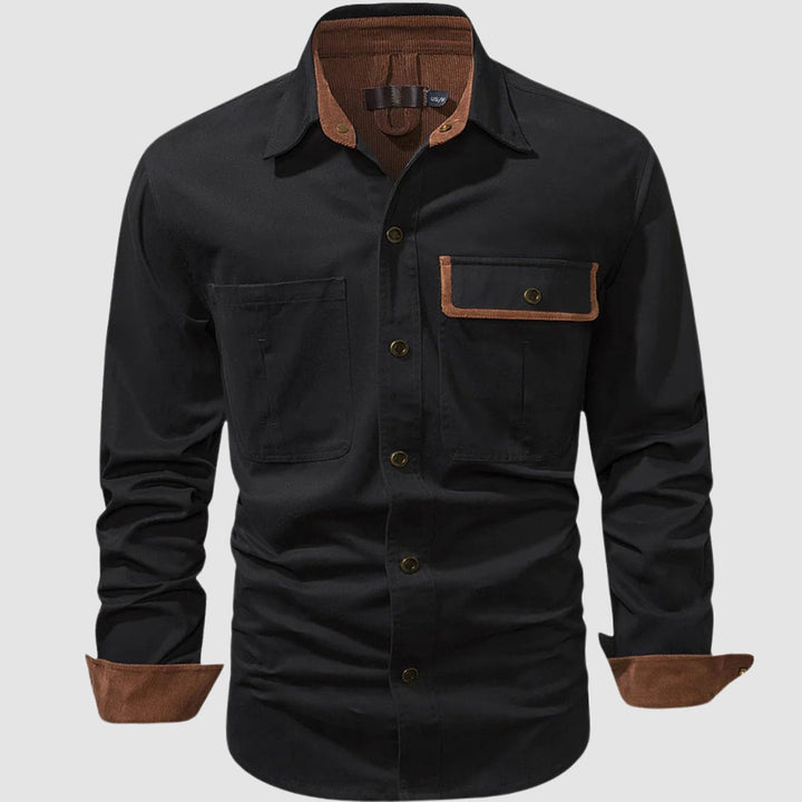 Men's Long-Sleeve Button-Up Cargo Shirt Corduroy Contrast Detail - Black