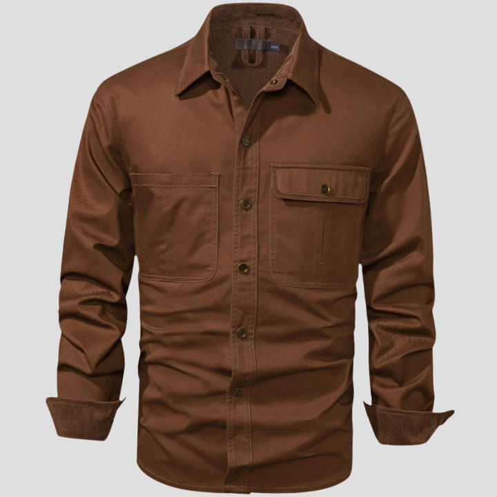 Men's Long-Sleeve Button-Up Cargo Shirt Corduroy Contrast Detail - Brown