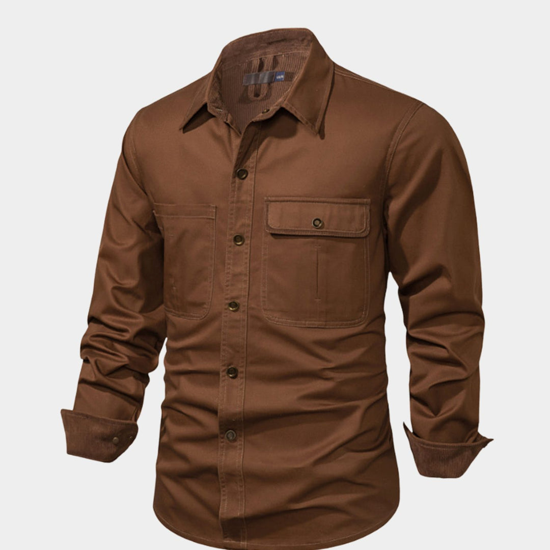 Men's Long-Sleeve Button-Up Cargo Shirt Corduroy Contrast Detail