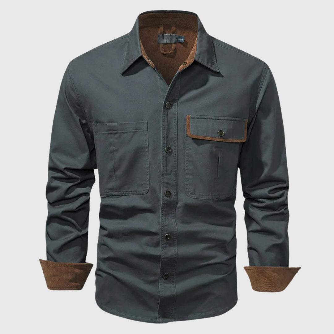Men's Long-Sleeve Button-Up Cargo Shirt Corduroy Contrast Detail - Gray