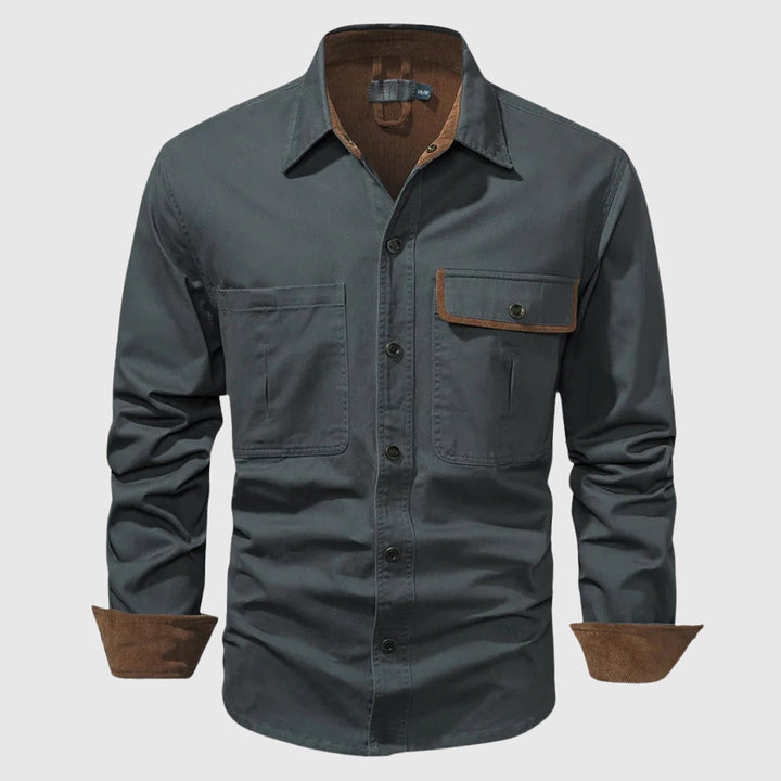 Men's Long-Sleeve Button-Up Cargo Shirt Corduroy Contrast Detail - Gray