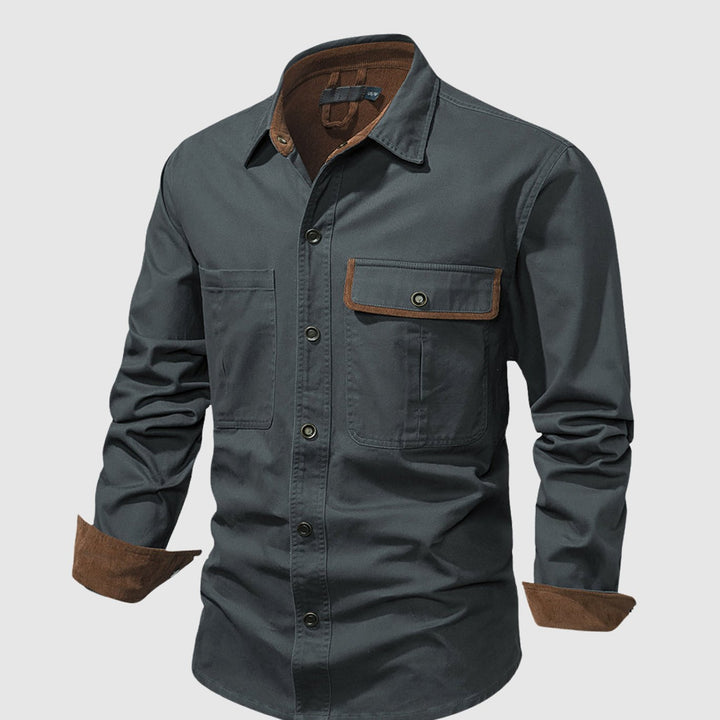 Men's Long-Sleeve Button-Up Cargo Shirt Corduroy Contrast Detail