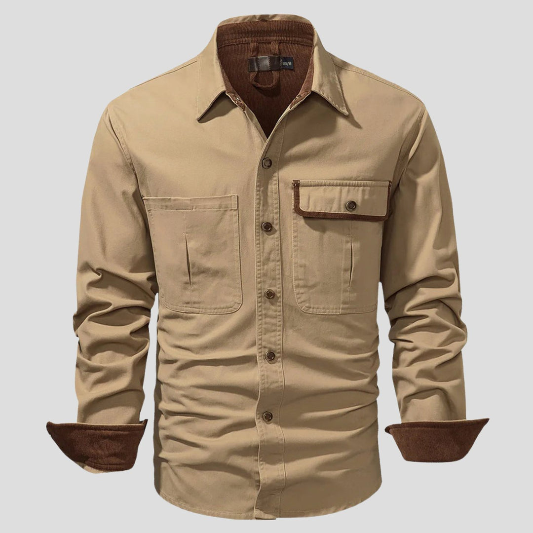 Men's Long-Sleeve Button-Up Cargo Shirt Corduroy Contrast Detail - Khaki