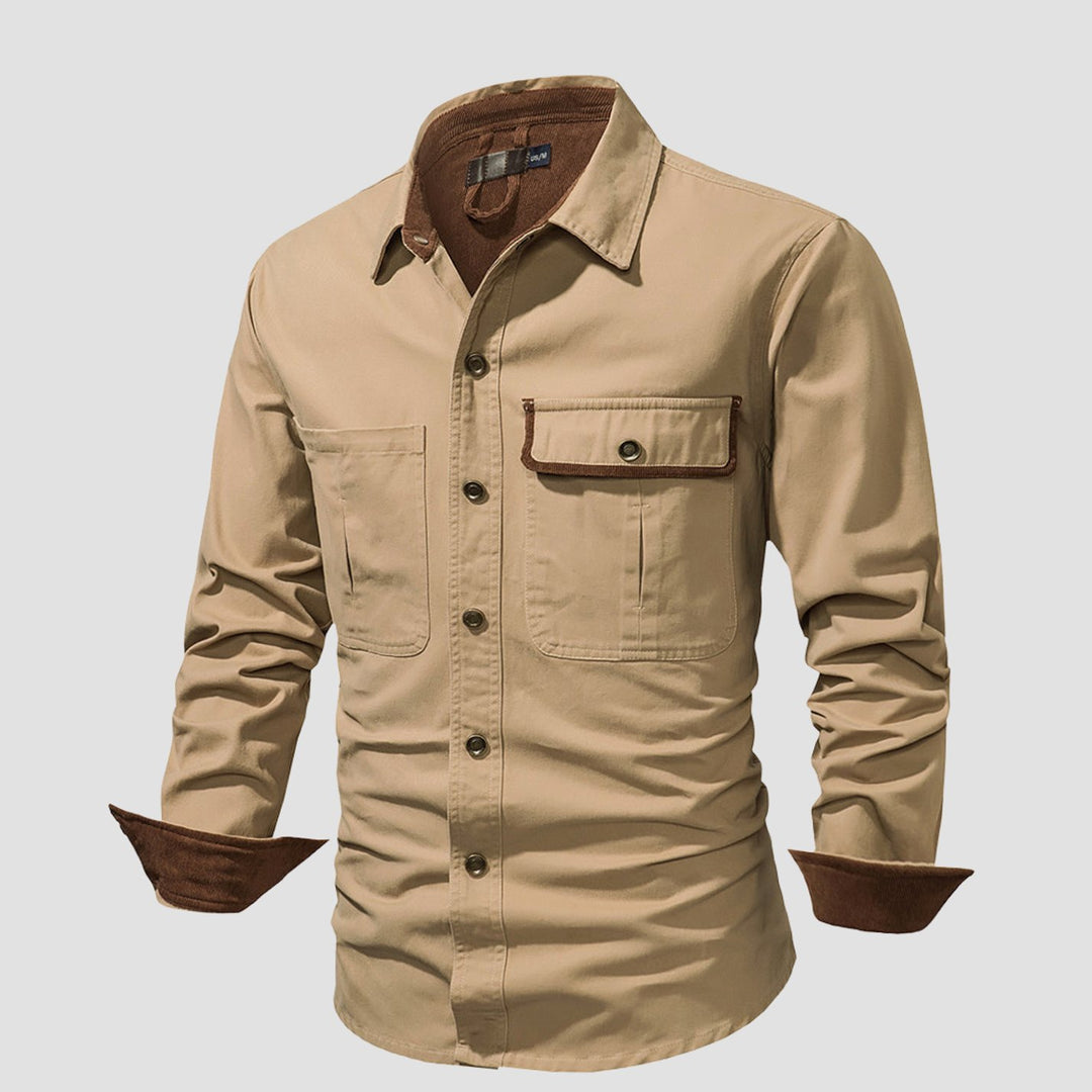 Men's Long-Sleeve Button-Up Cargo Shirt Corduroy Contrast Detail