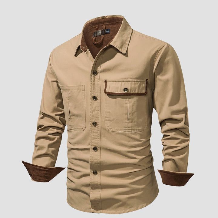 Men's Long-Sleeve Button-Up Cargo Shirt Corduroy Contrast Detail