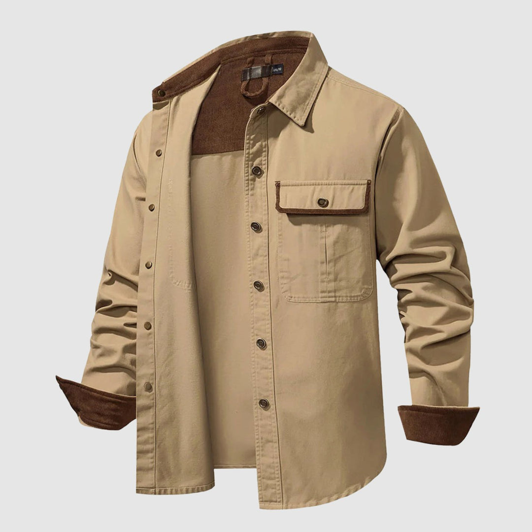 Men's Long-Sleeve Button-Up Cargo Shirt Corduroy Contrast Detail