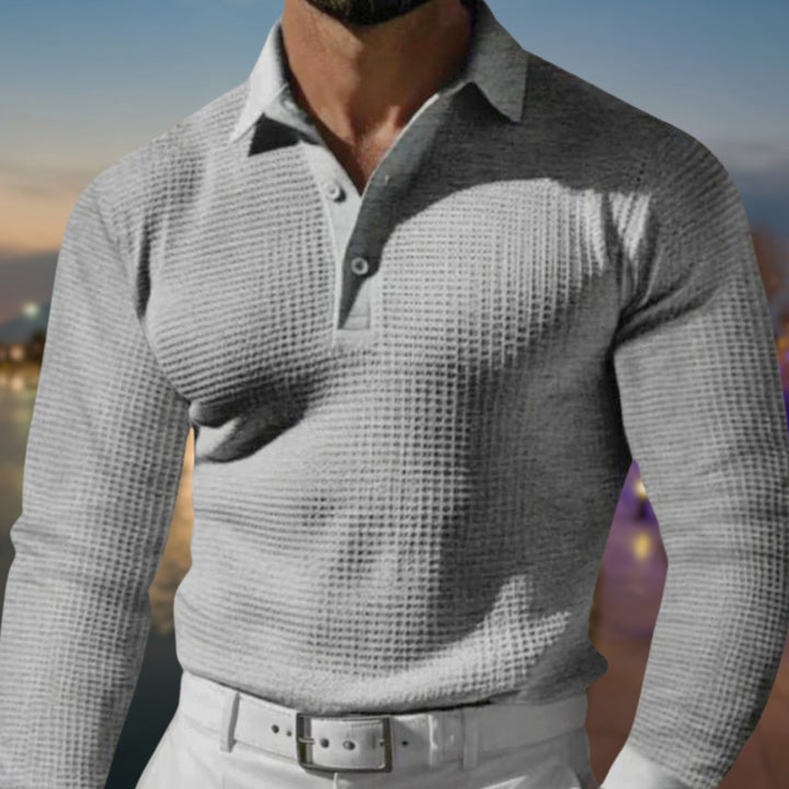 Men's Long-Sleeve Waffle-Knit Polo Shirt - Gray