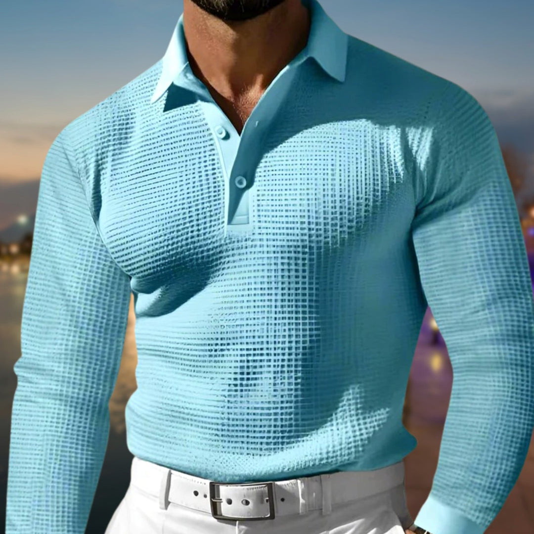 Men's Long-Sleeve Waffle-Knit Polo Shirt - Light Blue