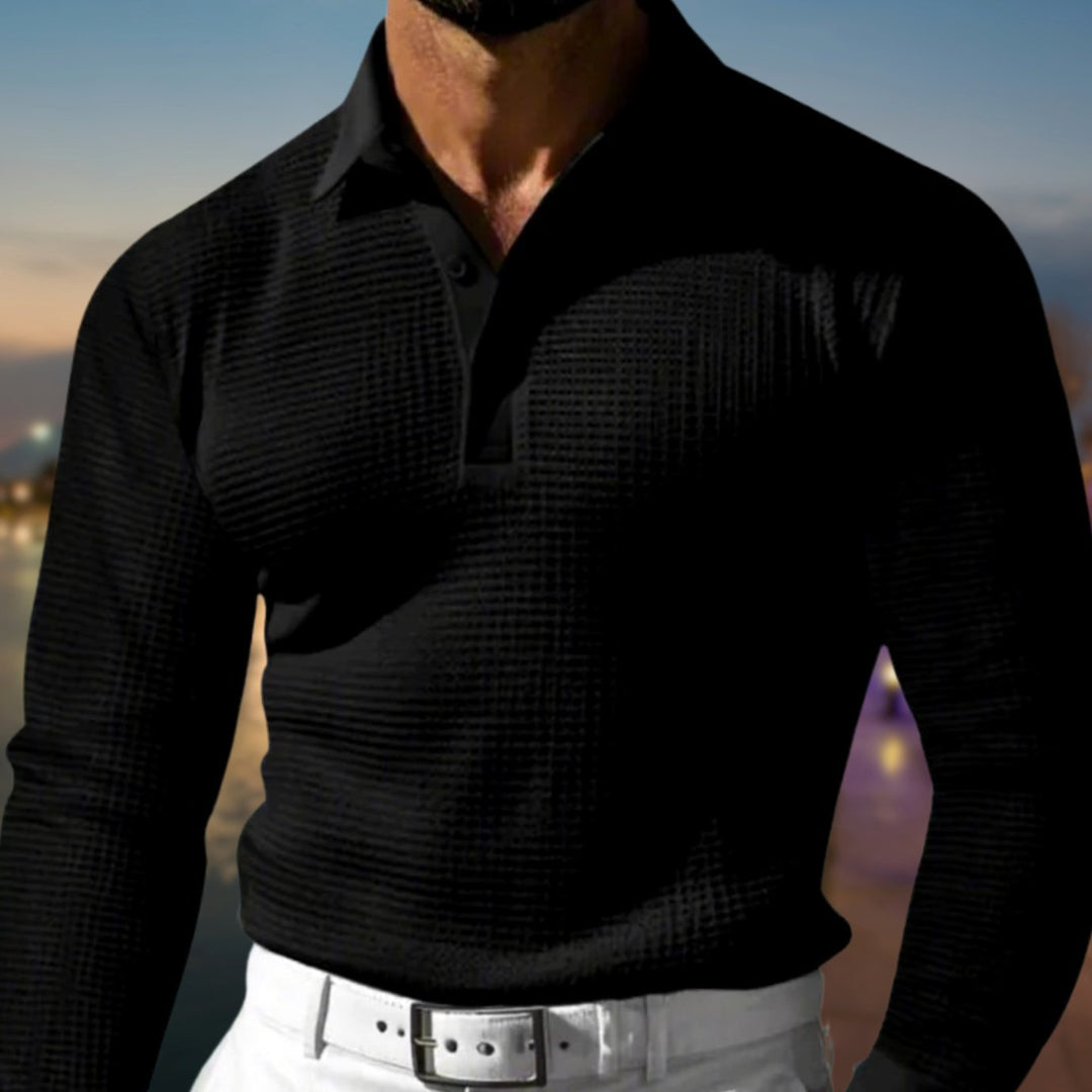 Men's Long-Sleeve Waffle-Knit Polo Shirt - Black