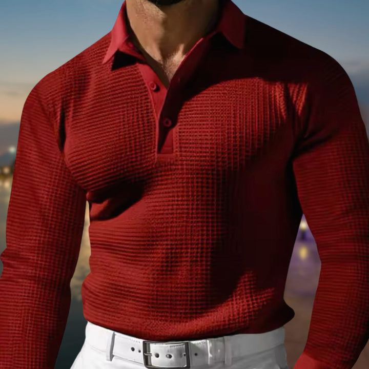 Men's Long-Sleeve Waffle-Knit Polo Shirt - Red