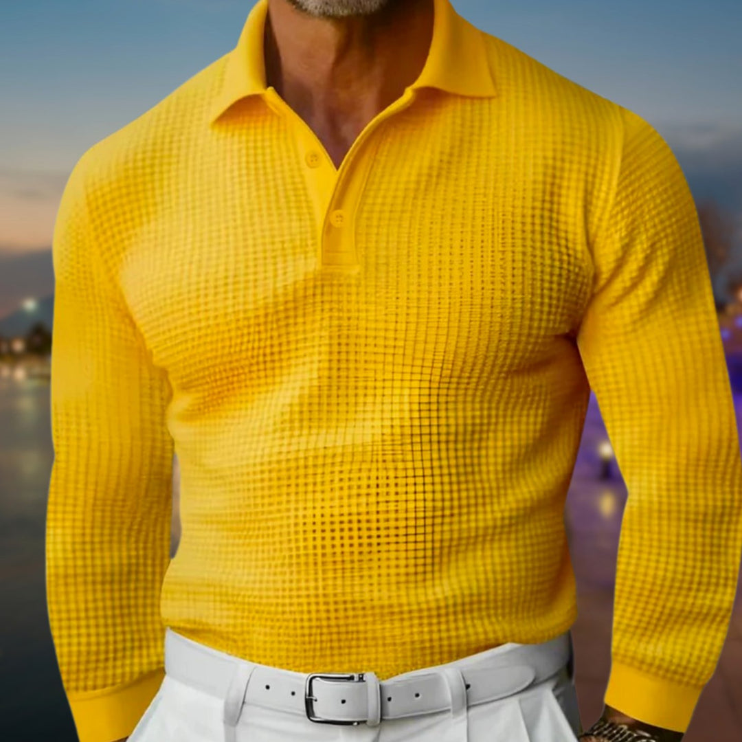 Men's Long-Sleeve Waffle-Knit Polo Shirt - Yellow