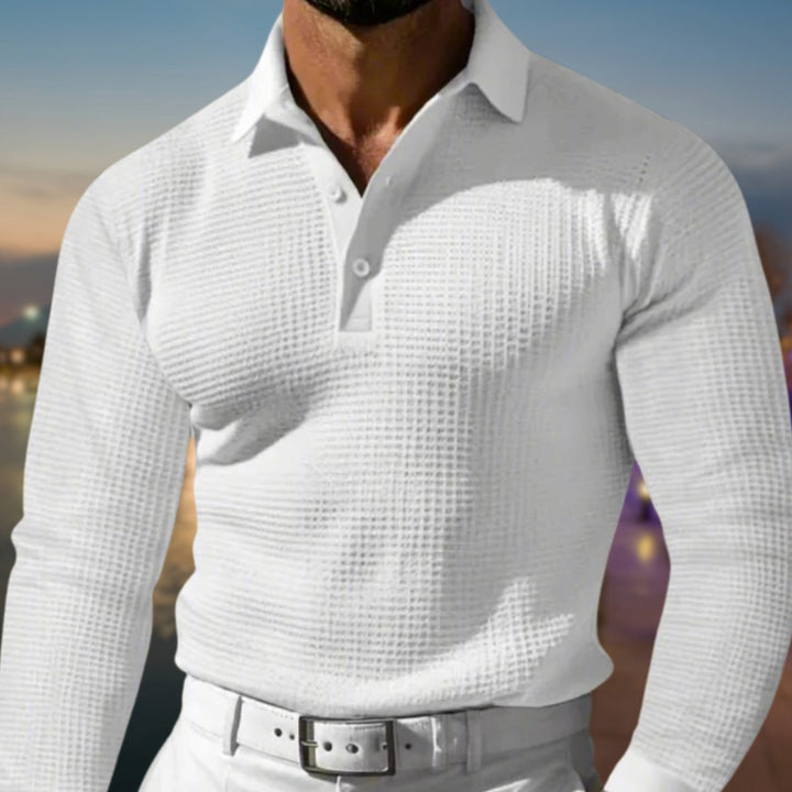 Men's Long-Sleeve Waffle-Knit Polo Shirt - White