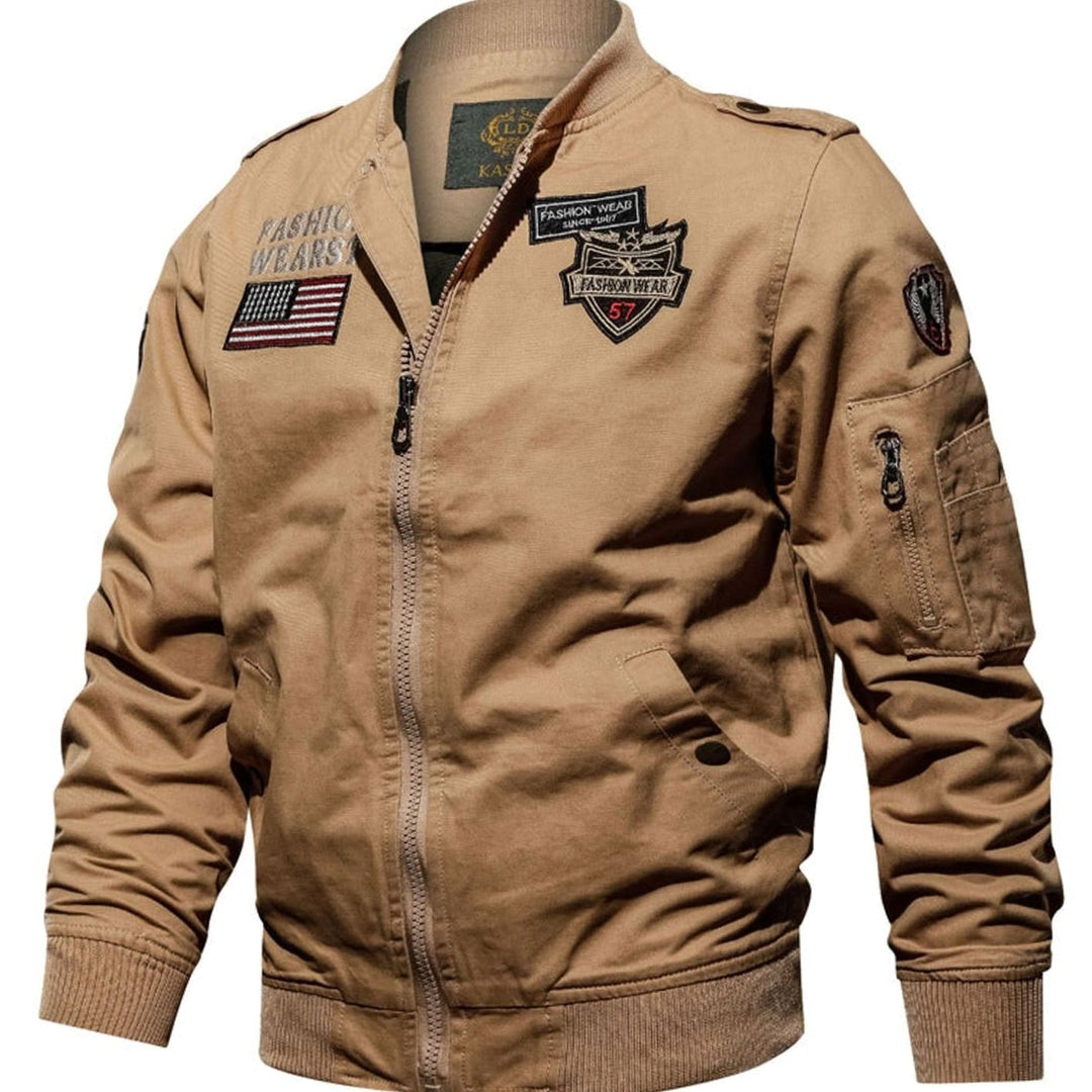 Men's Military Patch Zip-Up Bomber Jacket - Khaki