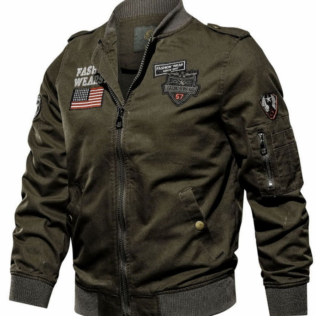 Men's Military Patch Zip-Up Bomber Jacket - Green