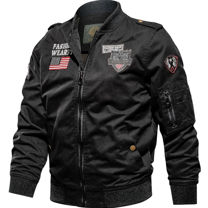 Men's Military Patch Zip-Up Bomber Jacket - Black