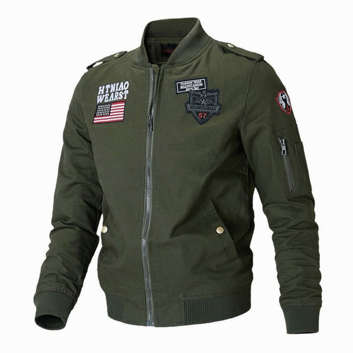 Men's Military Patch Zip-Up Bomber Jacket, Army Green