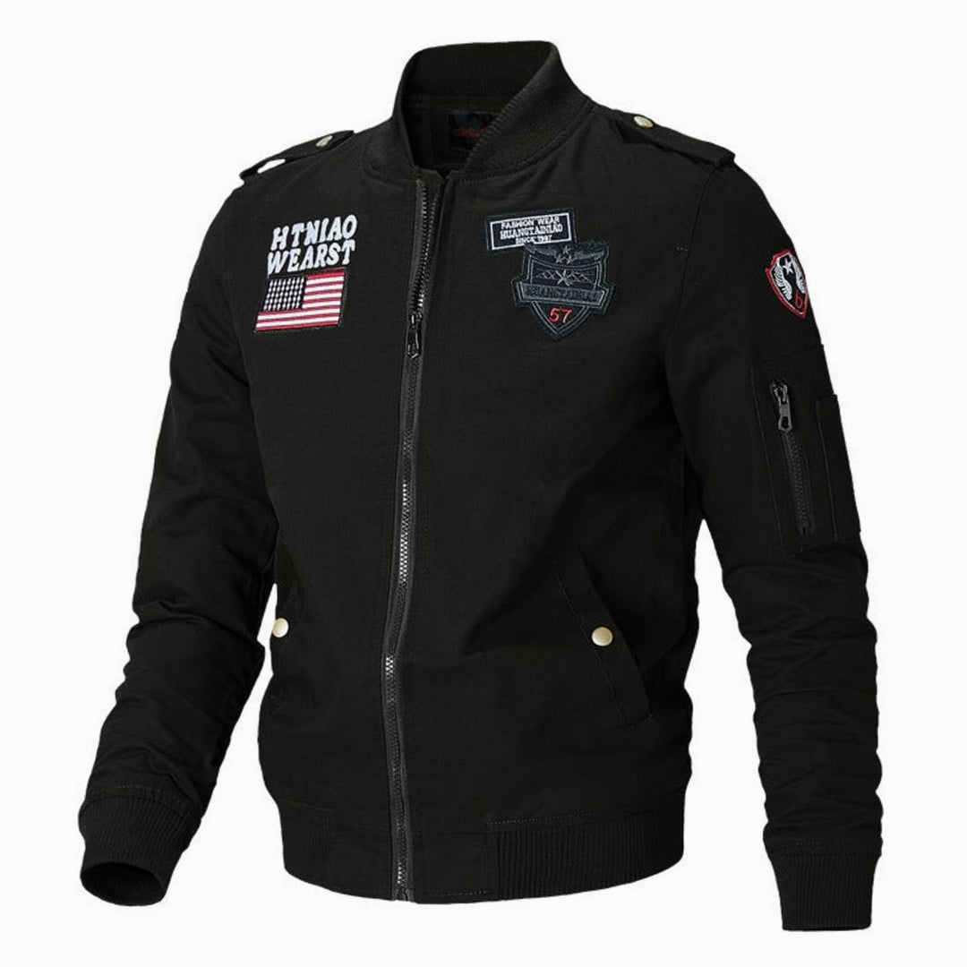 Men's Military Patch Zip-Up Bomber Jacket, Army Green