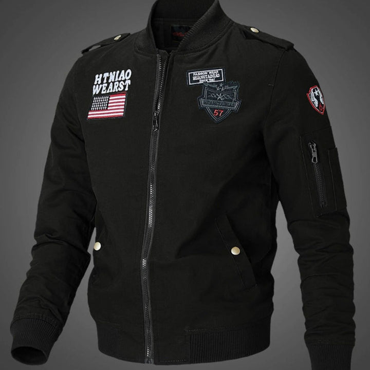 Men's Military Patch Zip-Up Bomber Jacket, Army Green - Black
