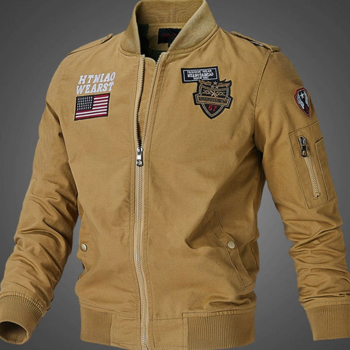 Men's Military Patch Zip-Up Bomber Jacket, Army Green - Dark Khaki