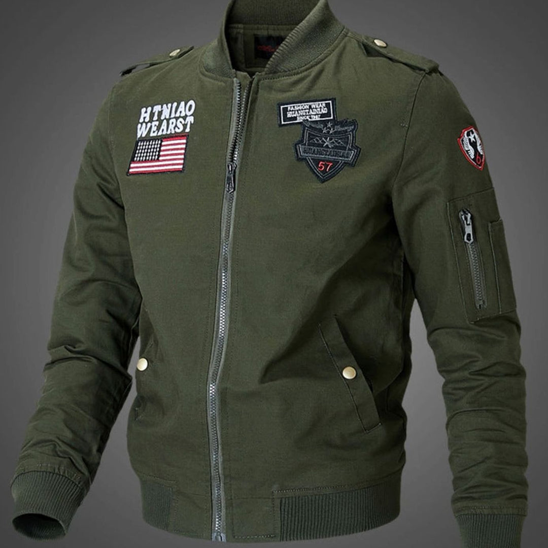 Men's Military Patch Zip-Up Bomber Jacket, Army Green - Dark Green