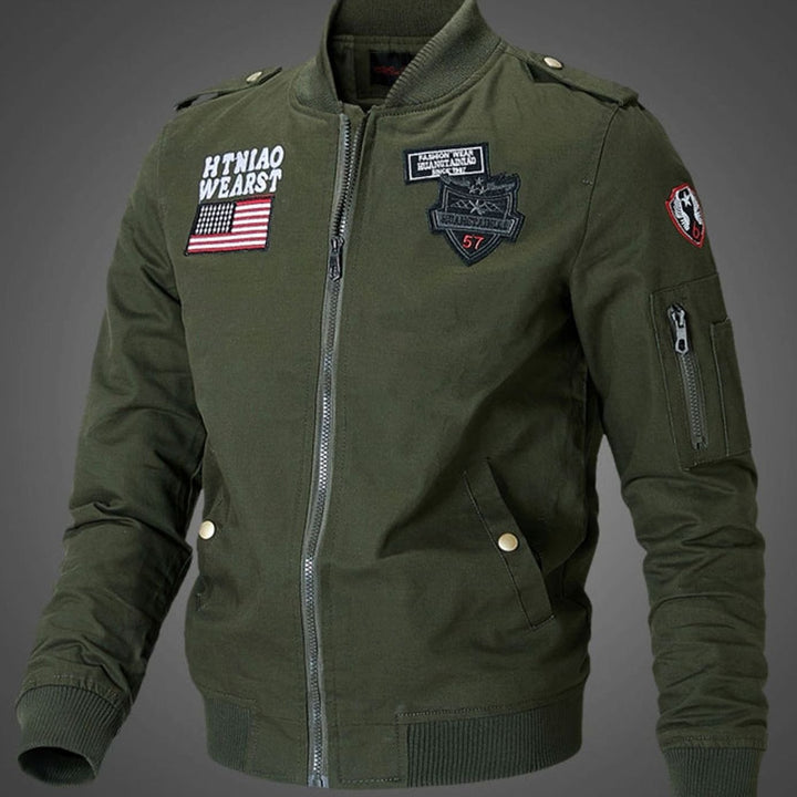 Men's Military Patch Zip-Up Bomber Jacket, Army Green - Dark Green
