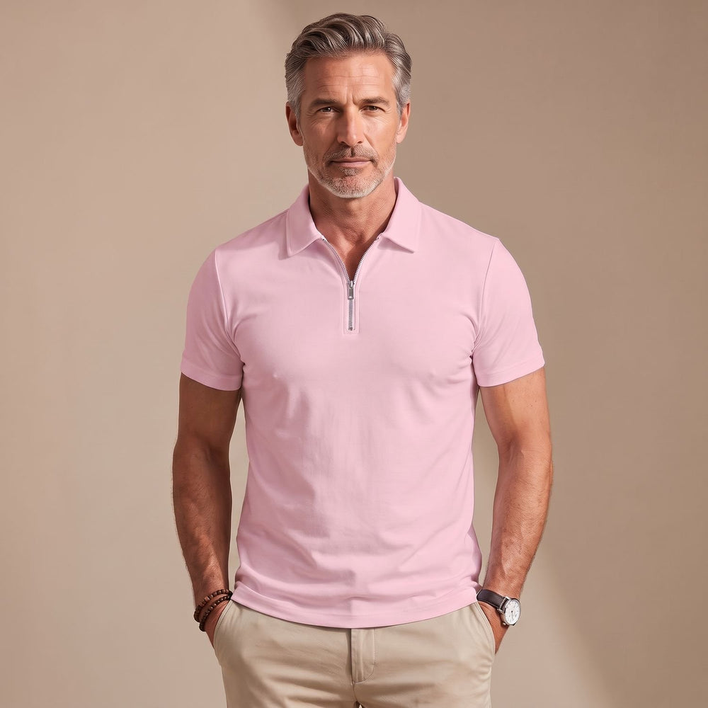 Men's Quarter-Zip Short-Sleeve Shirt Collar Polo Shirt - Pink