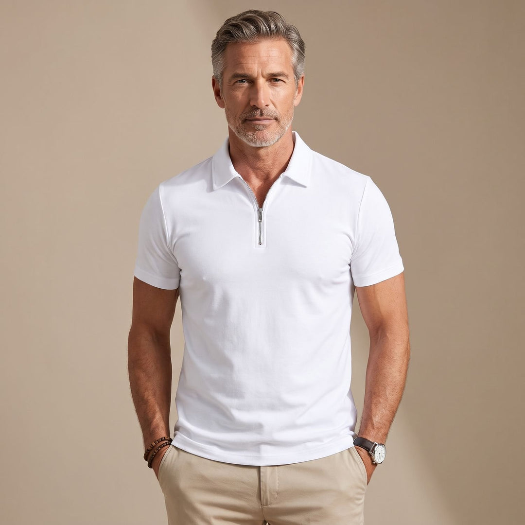 Men's Quarter-Zip Short-Sleeve Shirt Collar Polo Shirt - White