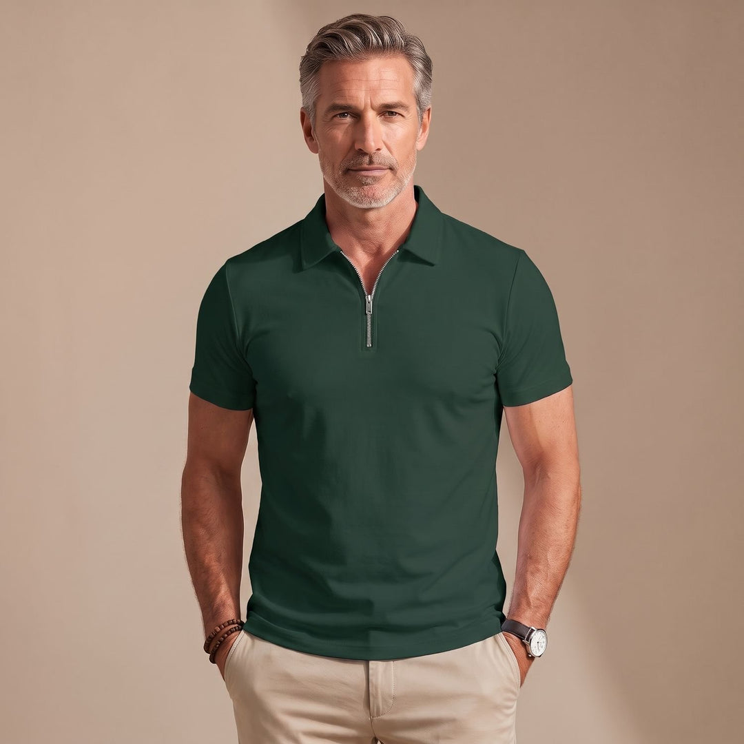 Men's Quarter-Zip Short-Sleeve Shirt Collar Polo Shirt - Dark Green