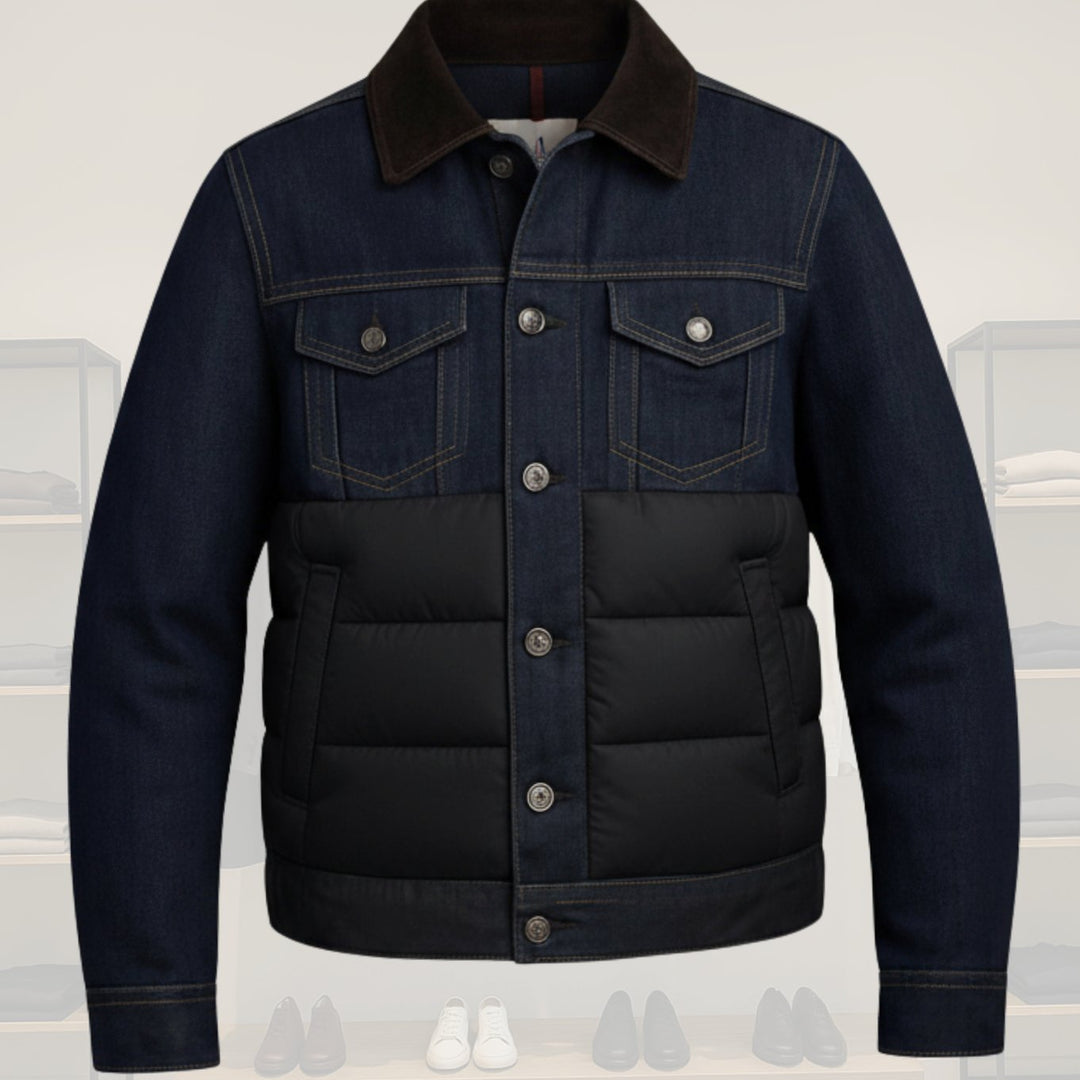 Men's Quilted Denim Corduroy-Collar Button-Front Jacket