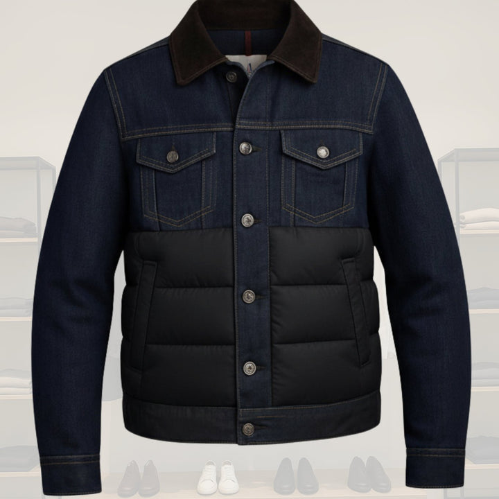 Men's Quilted Denim Corduroy-Collar Button-Front Jacket
