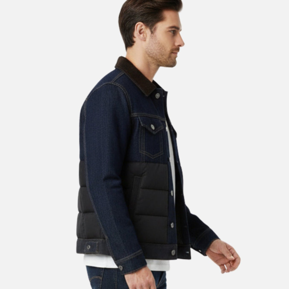Men's Quilted Denim Corduroy-Collar Button-Front Jacket