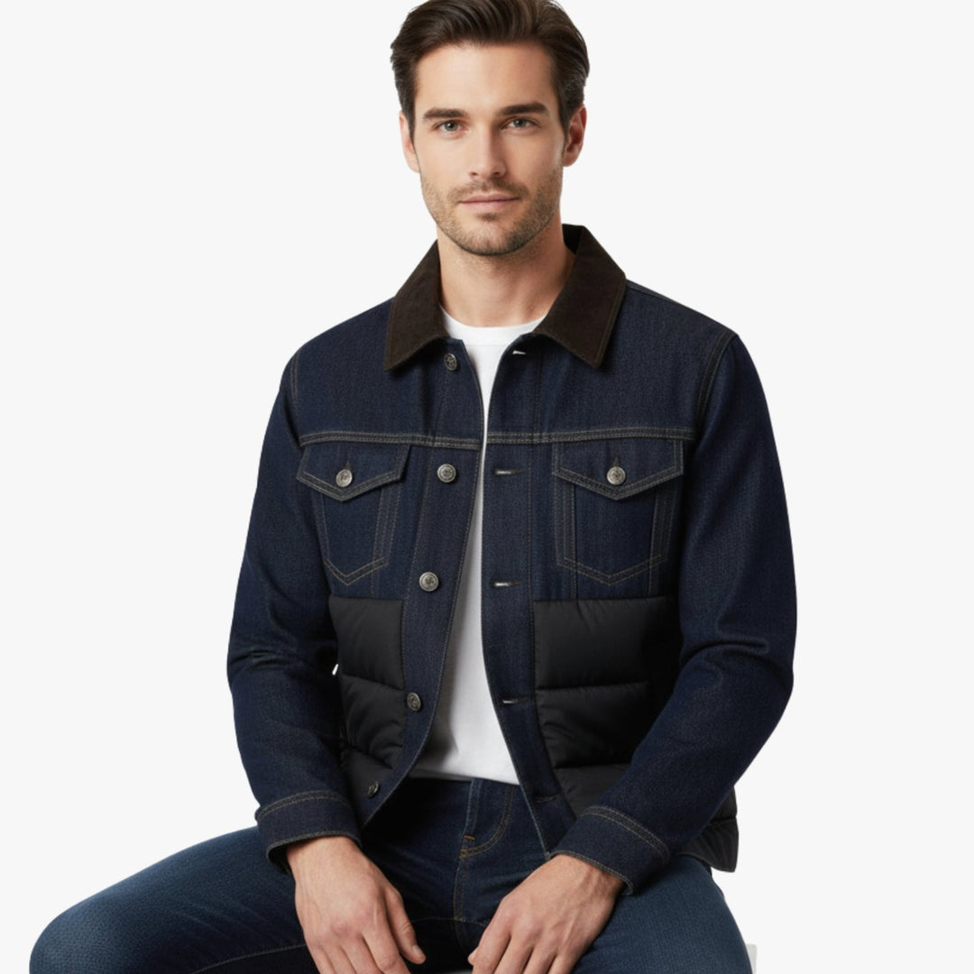 Men's Quilted Denim Corduroy-Collar Button-Front Jacket