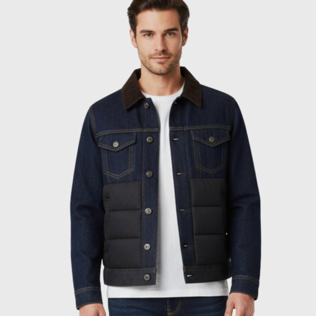 Men's Quilted Denim Corduroy-Collar Button-Front Jacket